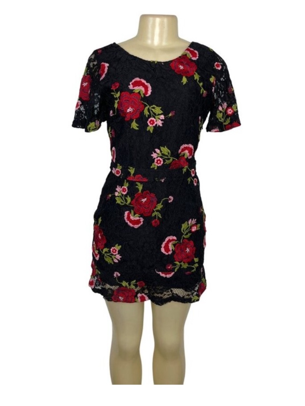 Olivaceous Black Lace Dress with Red Rose Embroidery